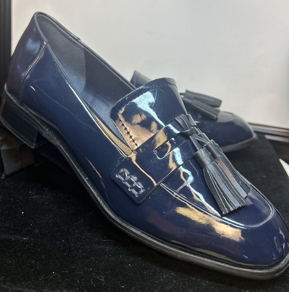 Trifari Navy Blue Tassel Loafers Womens 6.5 Glossy Leather Vintage Style